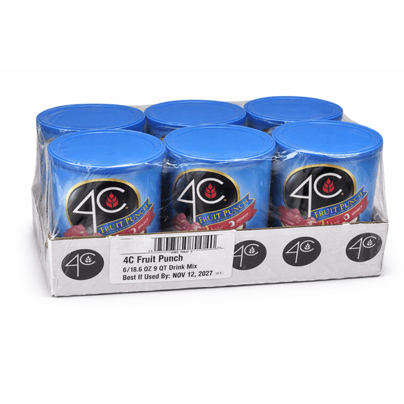 4C Fruit Punch Powdered Drink Mix, 18.6 oz Canisters, 6 Count Case