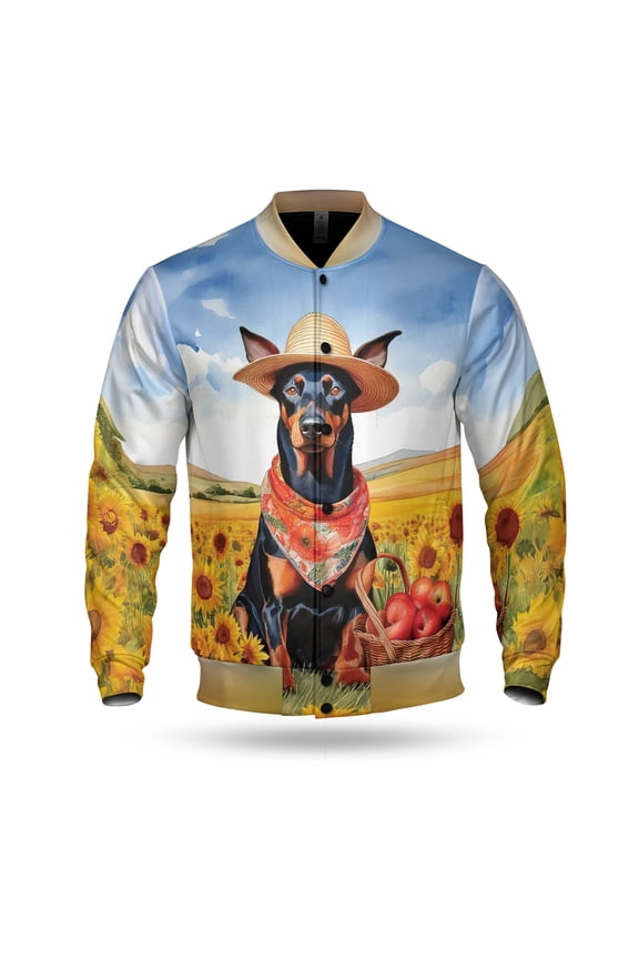 Vintage Doberman Pinscher Says Hello Mother's Day Summer Sunflower Field All Over Print 3D Baseball Jacket Doberman Dog Lover Gifts Bomber Jacket Softball - 12005