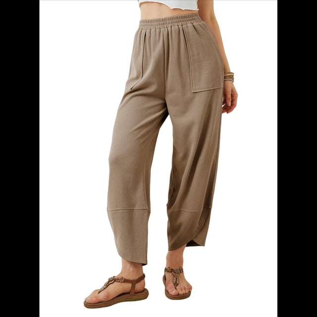 Pantalones Anchos y Holgados para Mujer, Estilo Palazzo Harén, Informales, con Cintura Elástica y Bolsillos. Caqui M