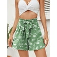 thumbnail image 2 of Chiclily Women's Wide Leg Shorts High Waist Adjustable Belted Loose Summer Lounge Shorts with Pockets, US Size Small, Green White Flower, 2 of 7