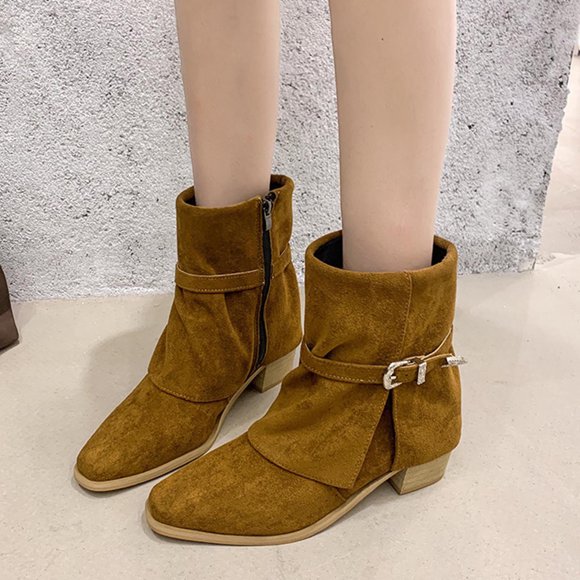 Amzcrzy Ankle Boots for Women Women's Fashion Casual Winter Style Cuffed Ankle Boots Solid Color Belt Buckle Decoration Round Square Toe Side Zipper Low Heel Chunky Heel Ankle Boots Womens Booties