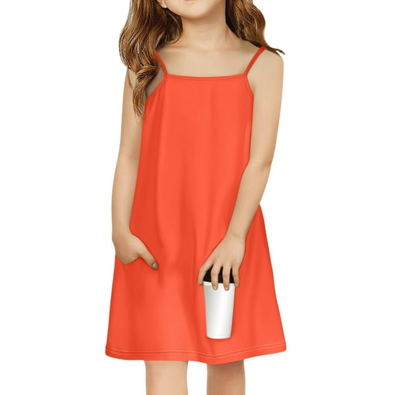 Lumtrix Girls Summer Cami Solid Color Sleeveless Sundress with Straps,Vintage Boho Backless Party Dress with Pocket Vermilion 11-12 Years