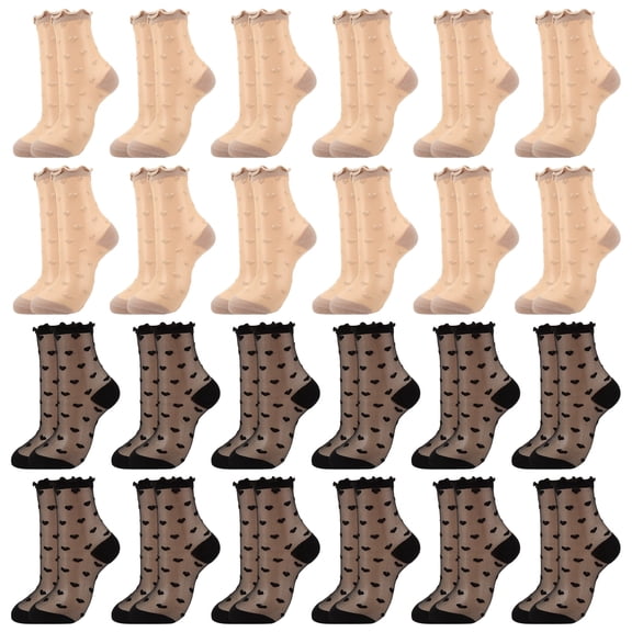 Bocaoying 24 Pairs Women's Sheer Socks, Lace Socks with Heart Design, Mesh Ankle Socks, Breathable, Reinforced Heel Toe, Black/Skin Tone, US 6-9