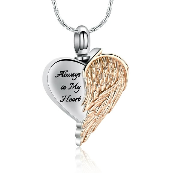 Always in My Heart - Angel Wing Heart Cremation Jewelry for Ashes Ash Holder Urn Necklace Lockets for Human Ashes Pet Ashes