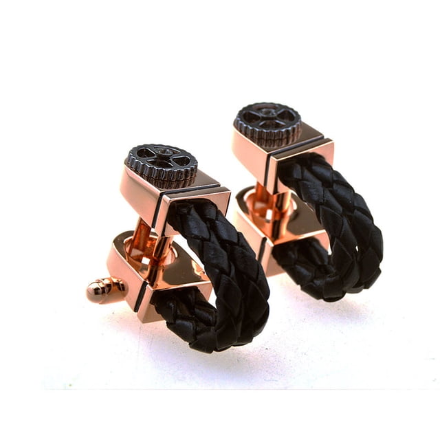 Gemelos para camisa, Gemelos para hombre de cuero negro chapados en oro rosa con gemelos de negocios de calidad brillar Electrónica
