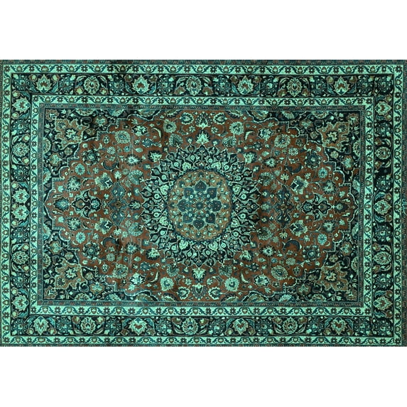 Ahgly Company Machine Washable Indoor Rectangle Medallion Turquoise Blue Traditional Area Rugs, 8' x 12'