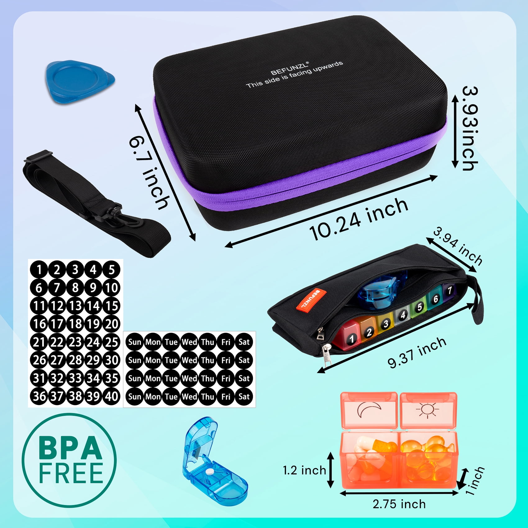 BEFUNZL Monthly Pill Organizer 2 Times a Day, Medicine Organizer Box with Portable Hard Shell and Pill Cutter, 31 Day Pill holder with Monthly and Weekly Sticker + Weekly Pill Bag 2 Times a Day