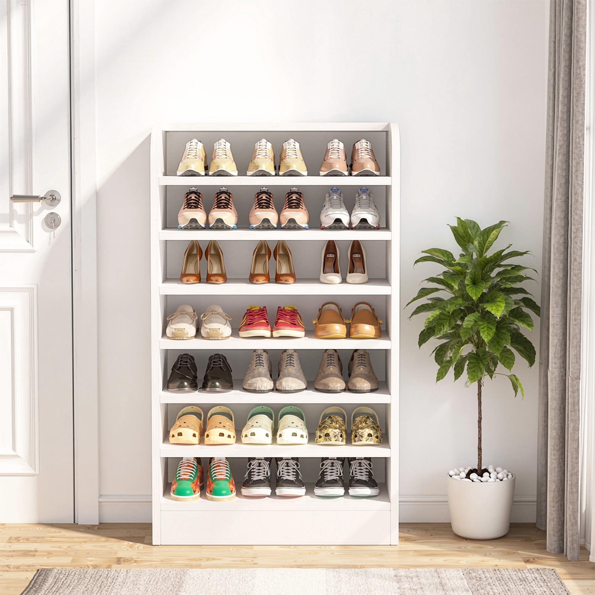MAYEERTY 8-Tier White Shoe Storage Cabinet, E1 Particle Board Open Shoe Rack with Detachable Shelves for Entryway Dorm Garage