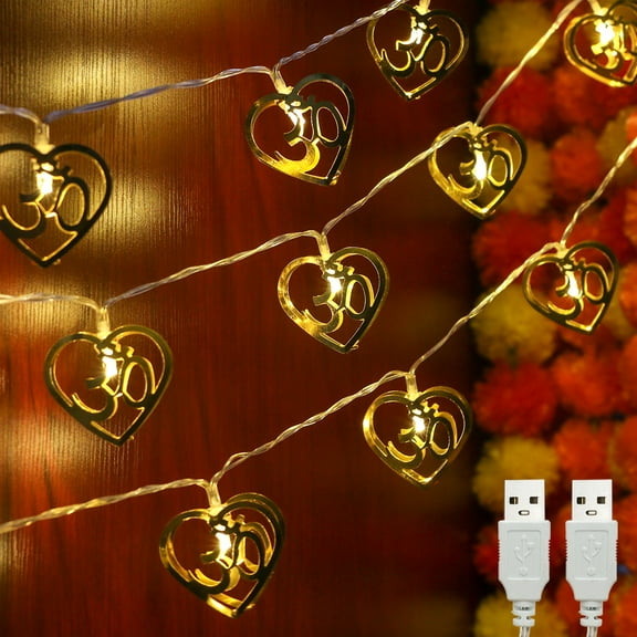 alikiki 2 Strings Gold Metal OM Diwali String Lights Diwali Gifts USB Powerd LED Diya Light Hindu Home Temple Mandir Altar Shrine Pooja Decor Indian Pooja Wedding Housewarming Festival Puja Items
