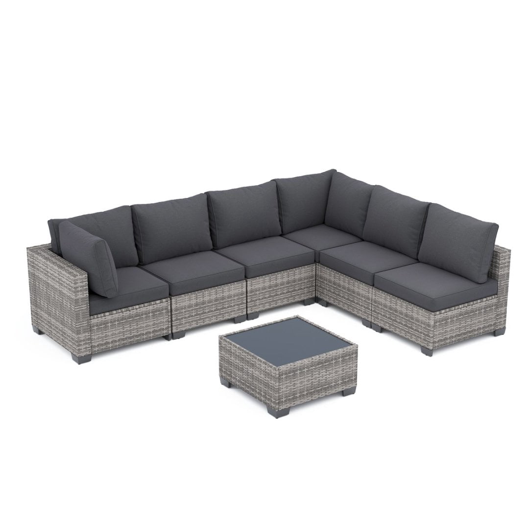 YIORTWO 7-Piece Outdoor Patio Furniture Set, Modular Wicker Sectional Sofa with 3.15" Thick Cushions, All-Weather Rattan Conversation Set with Tempered Glass Table, Grey