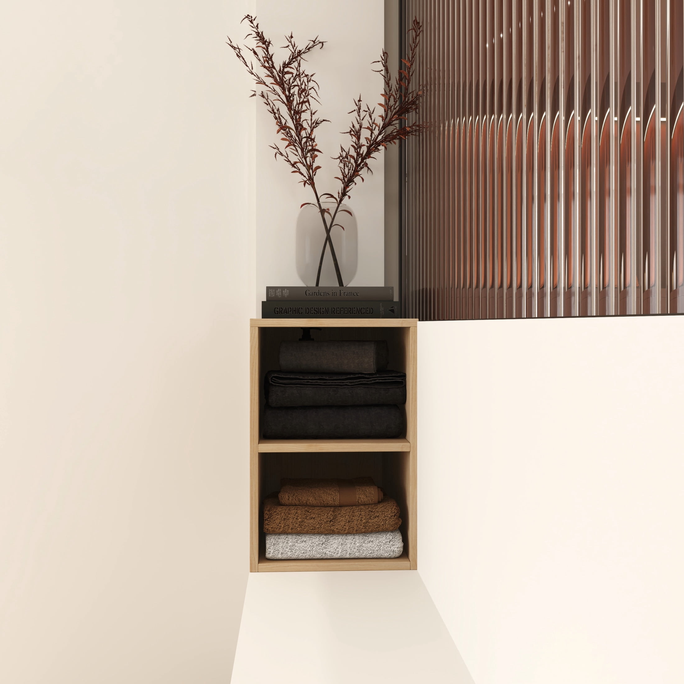 Noble House 12" Floating Wall Storage Shelves, Plywood Adjustable Open Bathroom Shelf, Water-Resistant, Light Oak