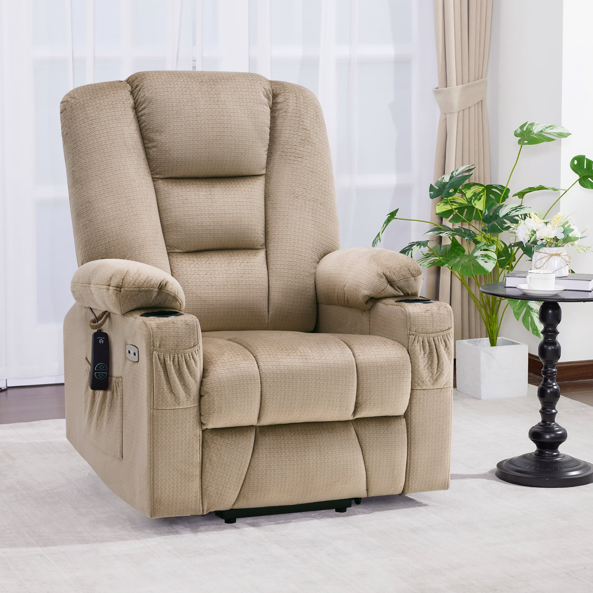 MCombo Large Power Lift Recliner Chair Sofa with Massage and Heat for Elderly People, Extended Footrest, Hand Remote Control, Cup Holders, USB Ports, Fabric 7549 (Large, Beige)