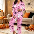 thumbnail image 2 of ZHOGXU Womens Halloween Pajama Sets Ghost & Pumpkin Print Notch Collar Long Sleeve Button Top Matching Long Pants 2PCS Pjs Summer Vacation Loungewear,Pink,L, 2 of 4