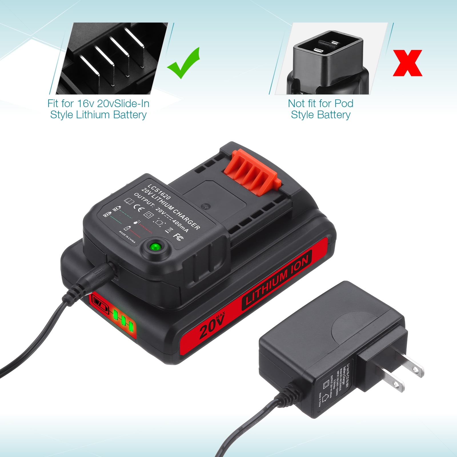 For Black + Decker Battery Charger, 20V Lithium-ion Battery Charger for Porter-Cable LBXR20 PCC685L LCS1620
