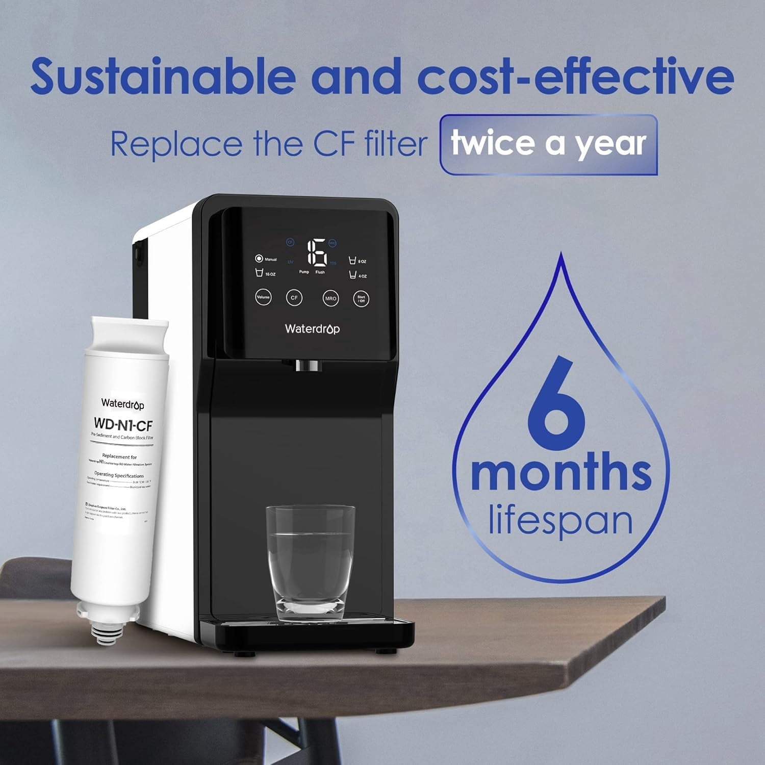 Waterdrop N1 Countertop Reverse Osmosis System, 4 Stage Reverse Osmosis Water Filter Countertop, 3:1 Pure to Drain, Reduce PFAS, No Installation Required, WD-N1-W,with WD-N1-CF
