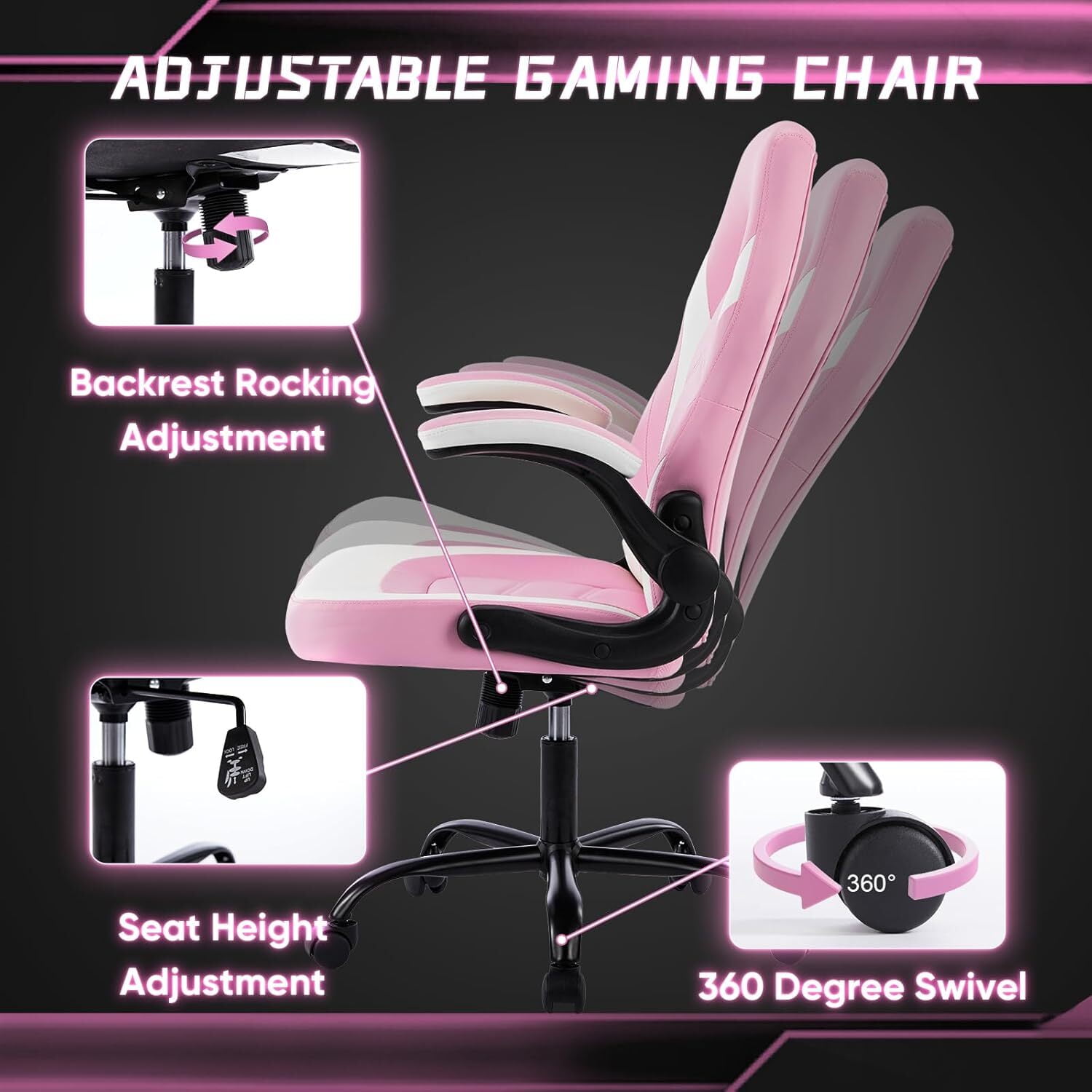 AENKYO Gaming Chair, Computer Chair Ergonomic Office Chair PU Leather Desk Chair Executive Adjustable Swivel Task Chair with Flip-up Armrest, Pink
