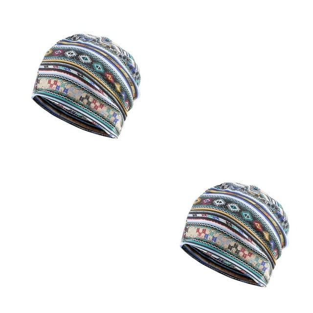 Transemion Bonnet Décontracté Musulman Hijab Imprimé Floral Turban Coloré Protection des Oreilles Ajustable Bonnet de Nuit Bleu Rayé 2Set