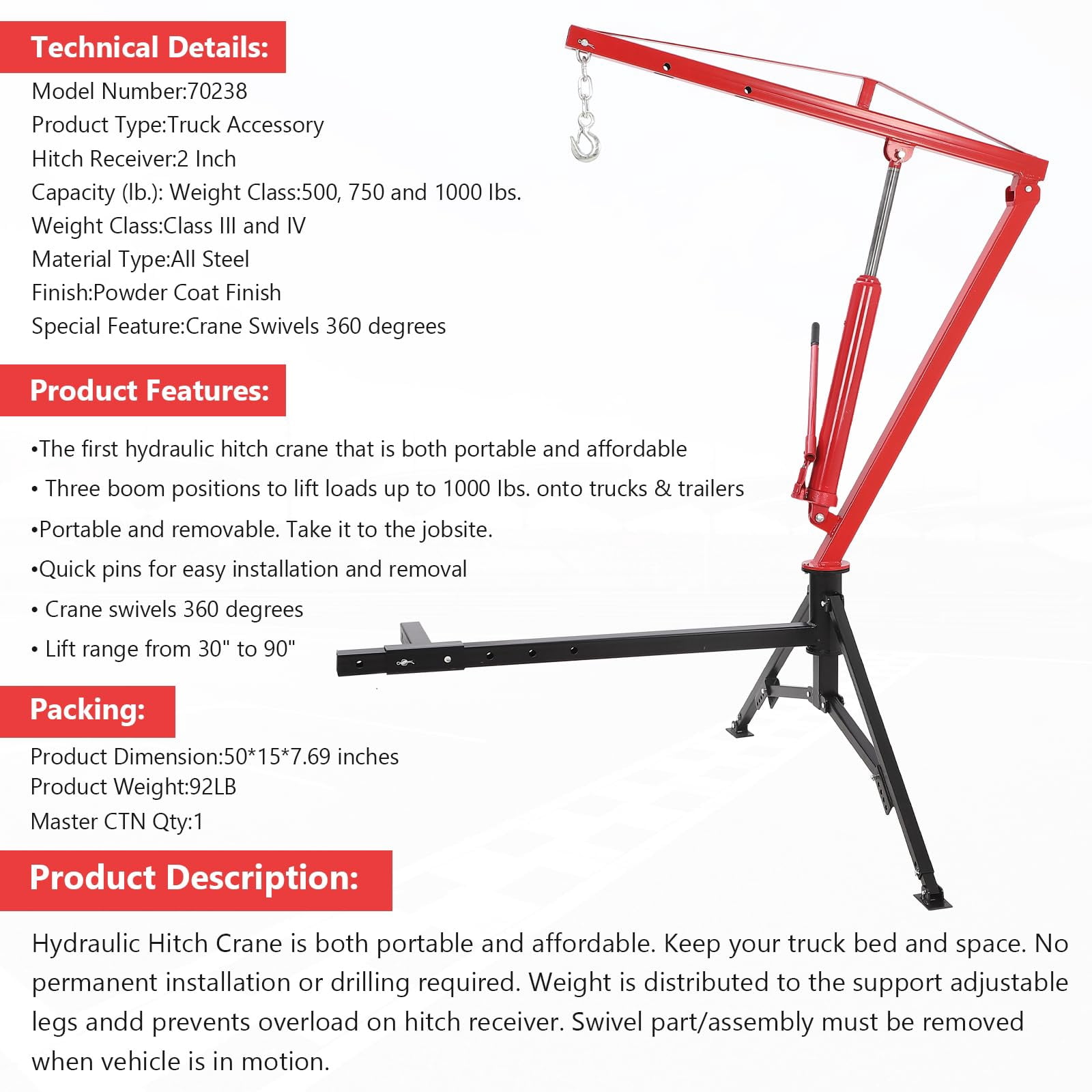 Accreate Hitch Mounted Truck Crane, 360° Swivel Hydraulic Pickup Crane with 3 Boom Capacities (500/750/1000 Lbs), Hoist for Lifting Construction Goods, Heavy Duty