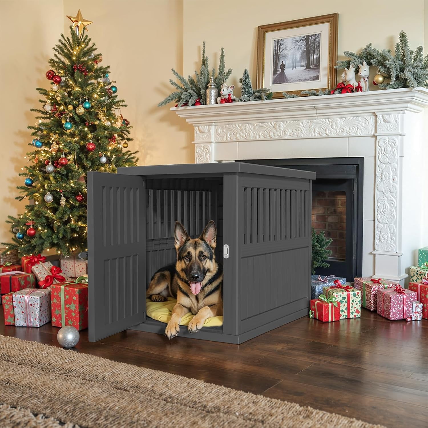 30x21x25in Industrial-Grade Resin Dog Crate for Large Dogs – Weatherproof, Ventilated, Lockable Door Tool-Free Assembly, Portable Handles, Indoor/Outdoor Kennel (Black)