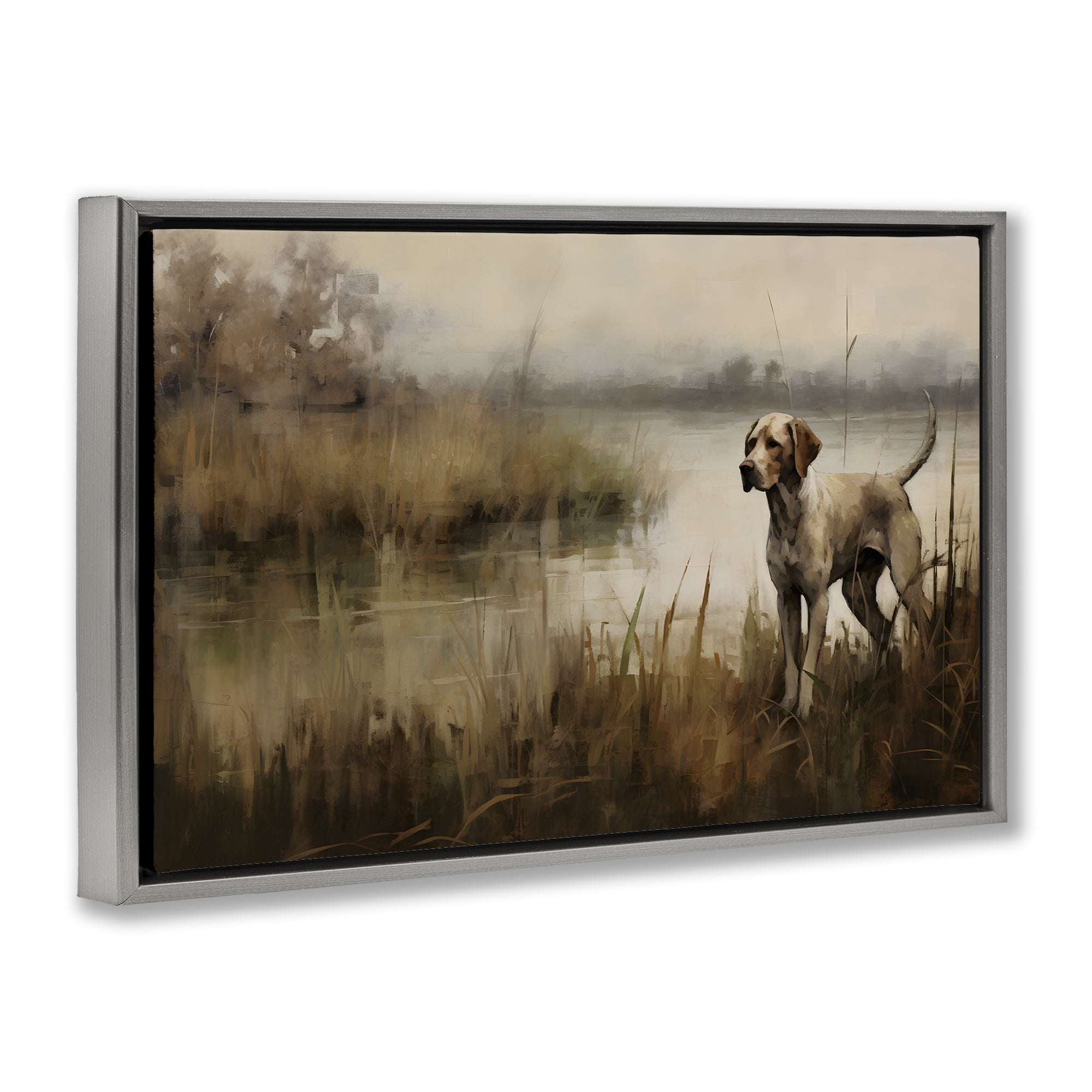 Stupell Industries Hunting Dog in Nature Landscape Painting Gray Floater Framed Canvas Art Print Wall Art, 25 x 17