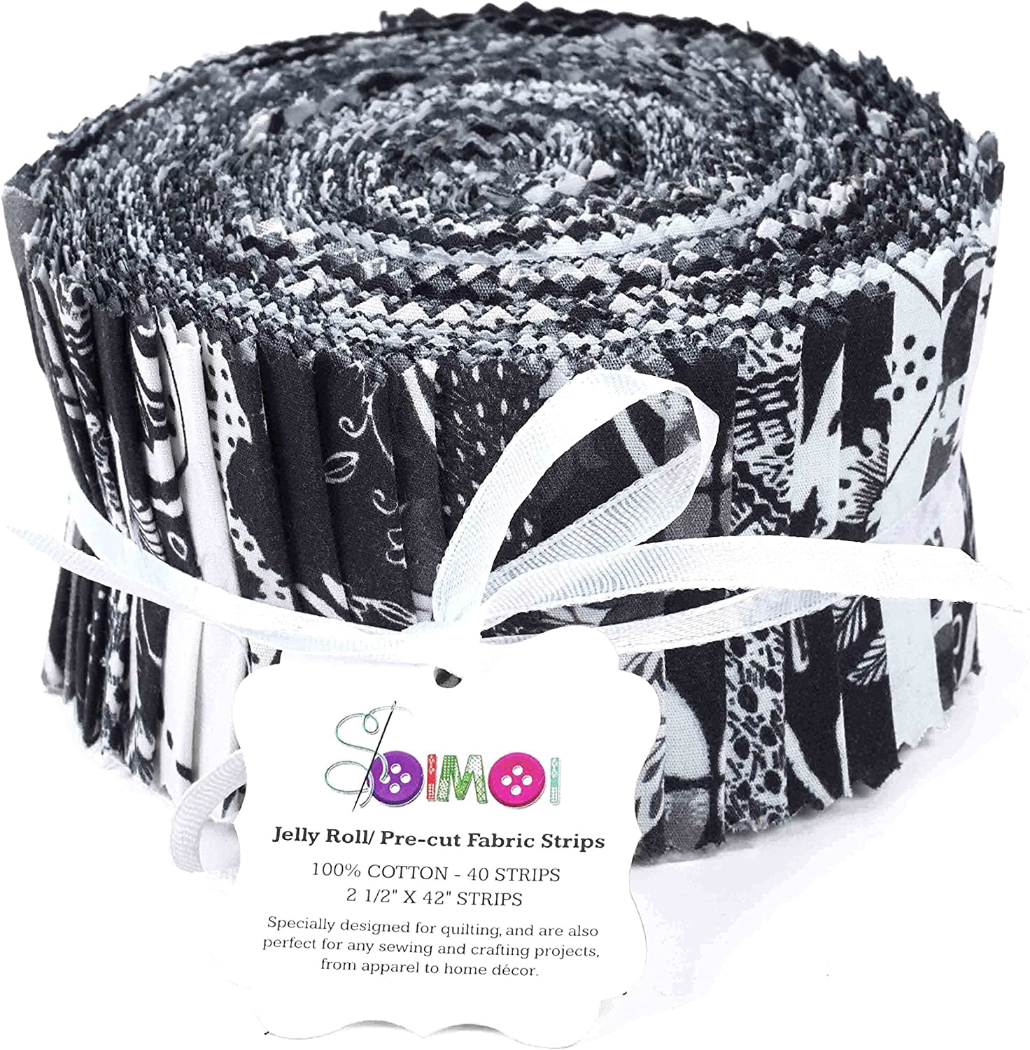 Soimoi 40Pcs Floral Artistic Print Cotton Precut Fabrics For Quilting Craft Strips 2.5x42inches Jelly Roll - Black