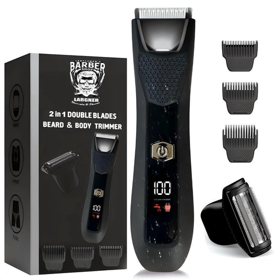 LARGNER 2-in-1 Electric Body Hair Trimmer for Men, IPX7 Waterproof Groin Groomer with LED Display, Light & Travel Lock