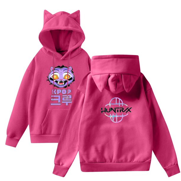 pop Huntrix Print Cat Ears Hoodie with De-mon Sweatshirt Huntrix Movie Fashion Streetwear Long Sleeve Print Soft Sweatshirt L