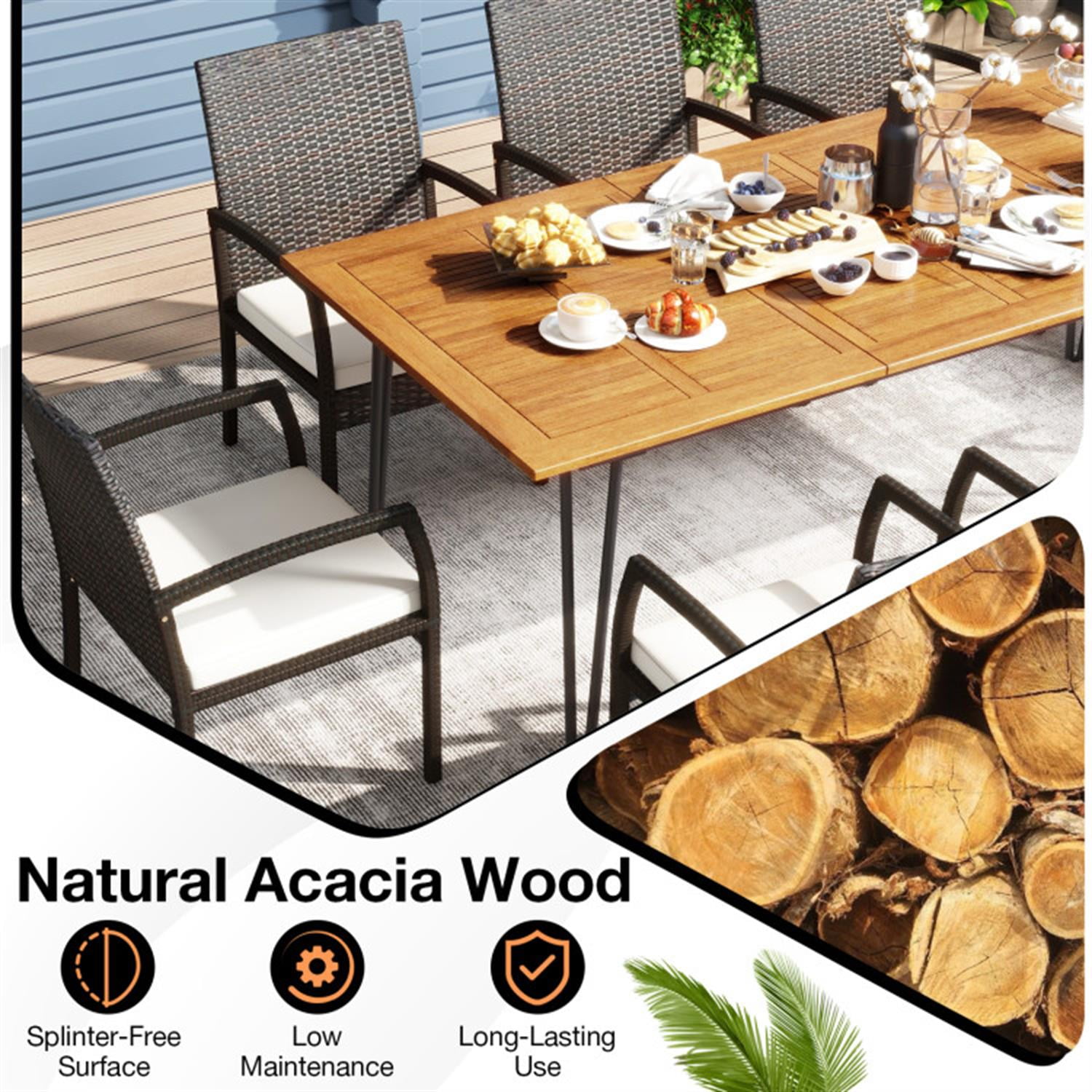 Demi Bonn 9 Pieces Patio Furniture Set with Wicker Armchairs, Soft Cushions and Acacia Wood Square Table, Conversation Dining for Garden Poolside Balcony, Brown-C