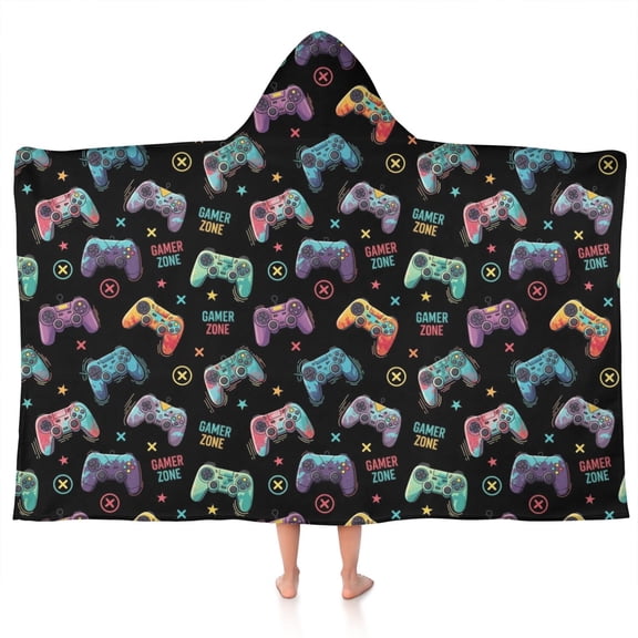 Colorful Controllers Games Icons Black Pattern Hooded Bath Towel,50"x30" for Ages 3 To 12 Kids, Quick Dry Lightweight Soft Microfiber Hood Beach Towel Cover Up for Kids