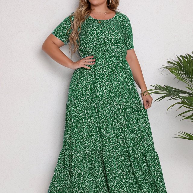 Vestido Casual De Talla Grande, Vestido Largo Con Cuello Redondo Y Manga Corta Con Estampado De Ditsy Para Mujer