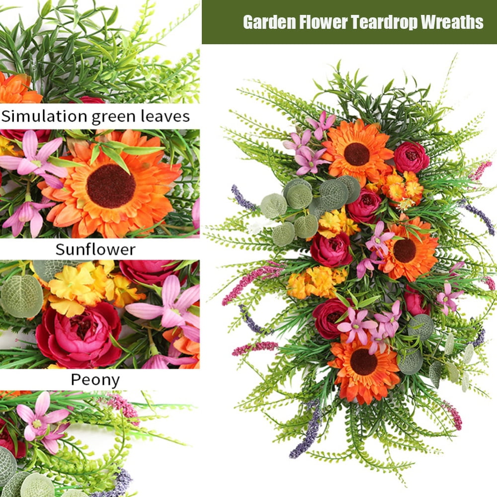 Clearance!Garden Flower Teardrop Wreaths for Front Door,Outdoor Spring