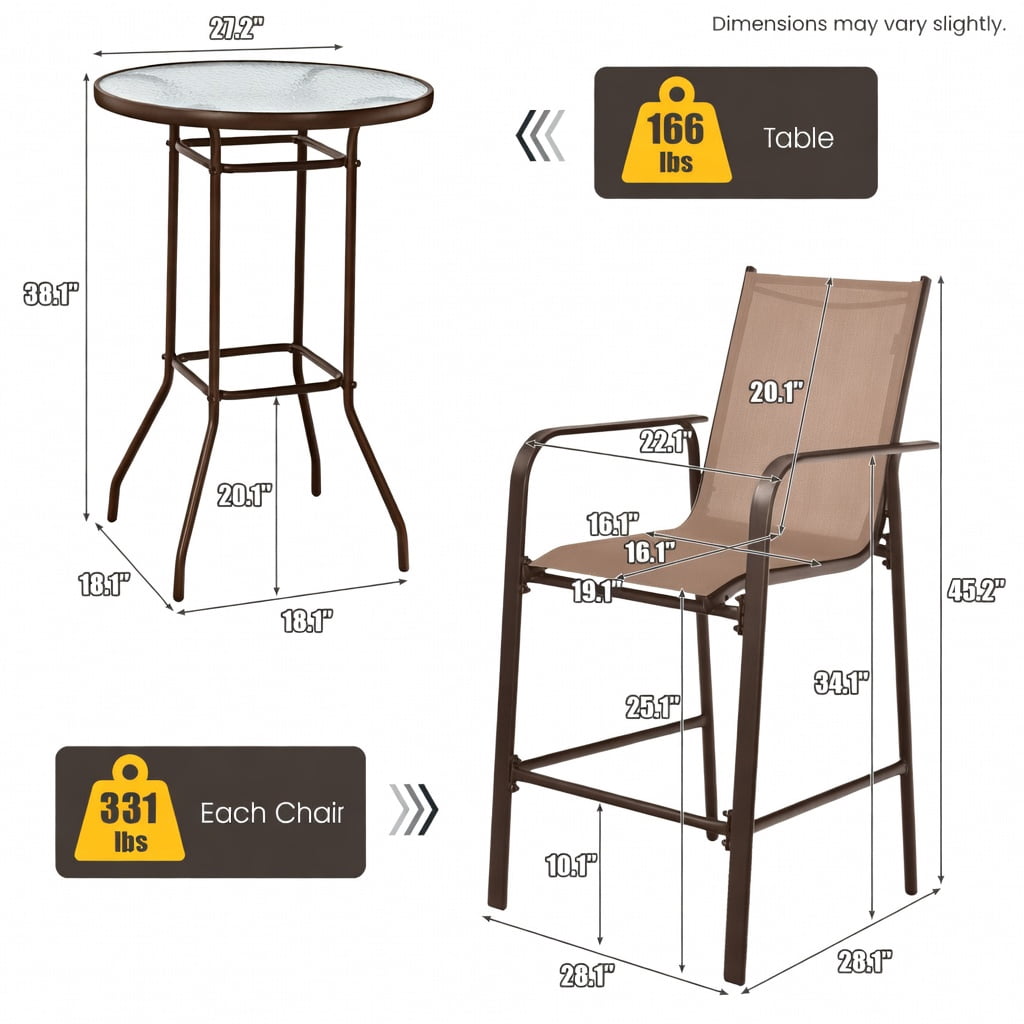 Hommoo 3-Piece Outdoor Patio Bar Set, Steel Frame with Tempered Glass Table and Fabric Upholstered Stools for Backyard, Poolside & Garden, Brown
