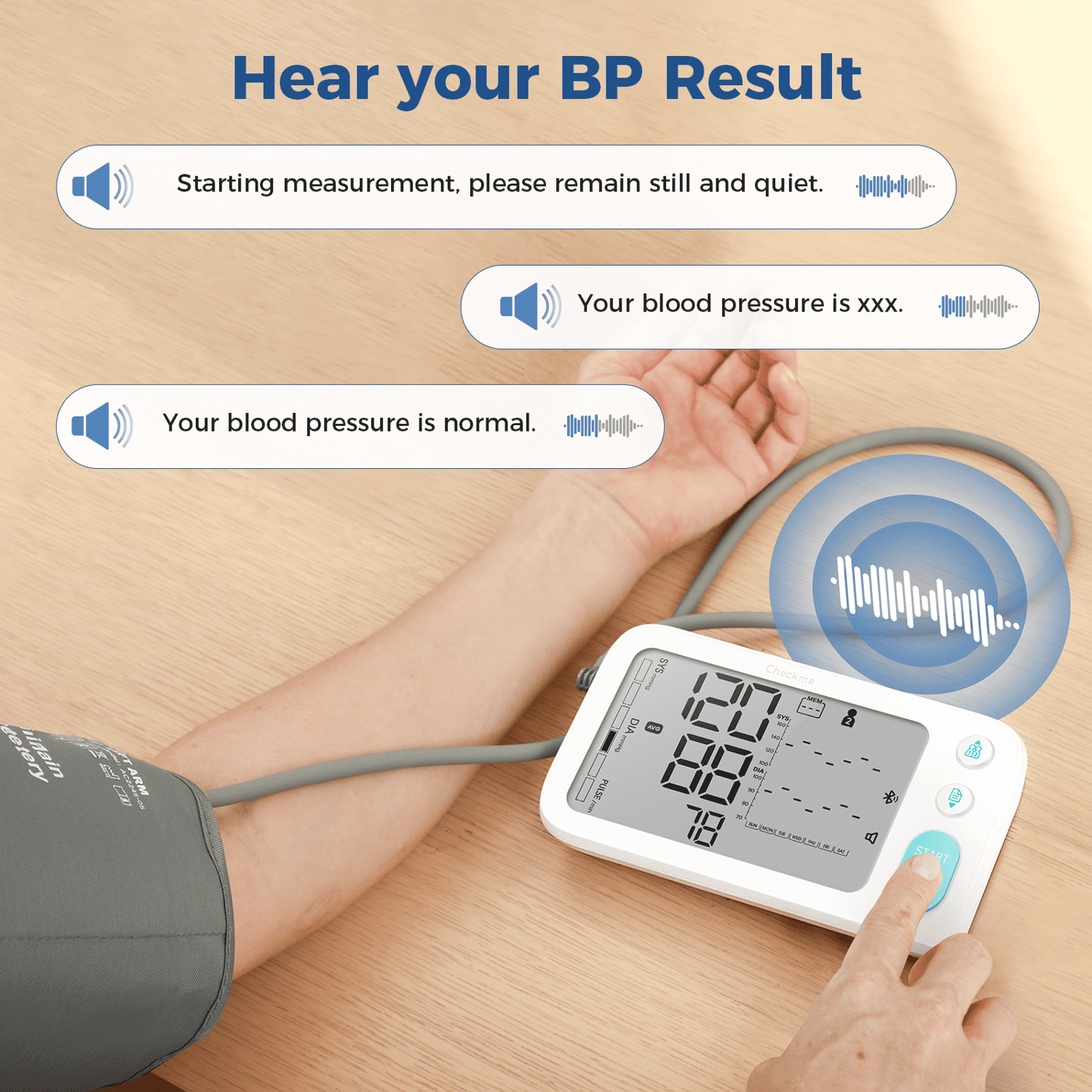 Checkme Upper Arm Blood Pressure Monitor, Accurate Automatic High Blood Pressure Machine With Free App, Large LCD Display, 2 Users, 250 Recordings, Irregular Heartbeat Reminder