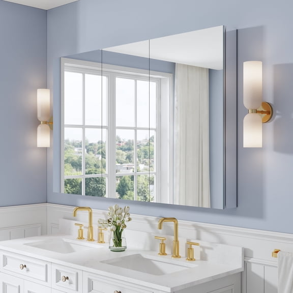 ANGELES HOME 56" x 36" Bi-View Medicine Cabinet with Mirror, Aluminum Frame Bathroom Mirror Cabinet, Surface or Recessed Mount Storage Cabinet