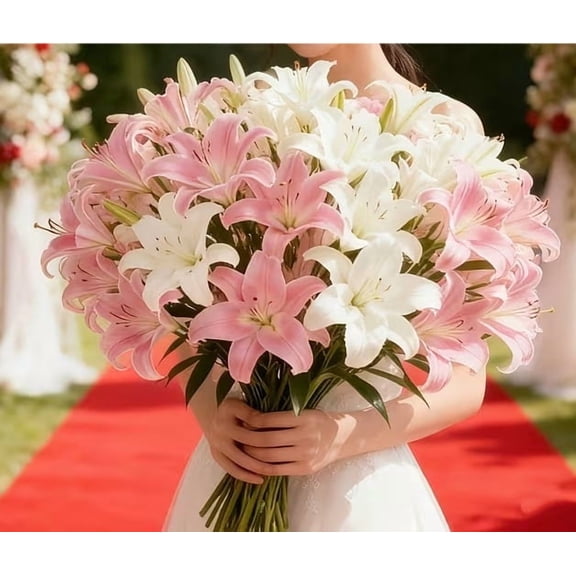 Artificial White Pink Lily Bouquet 12 Stems Faux Flowers Home Office Decor