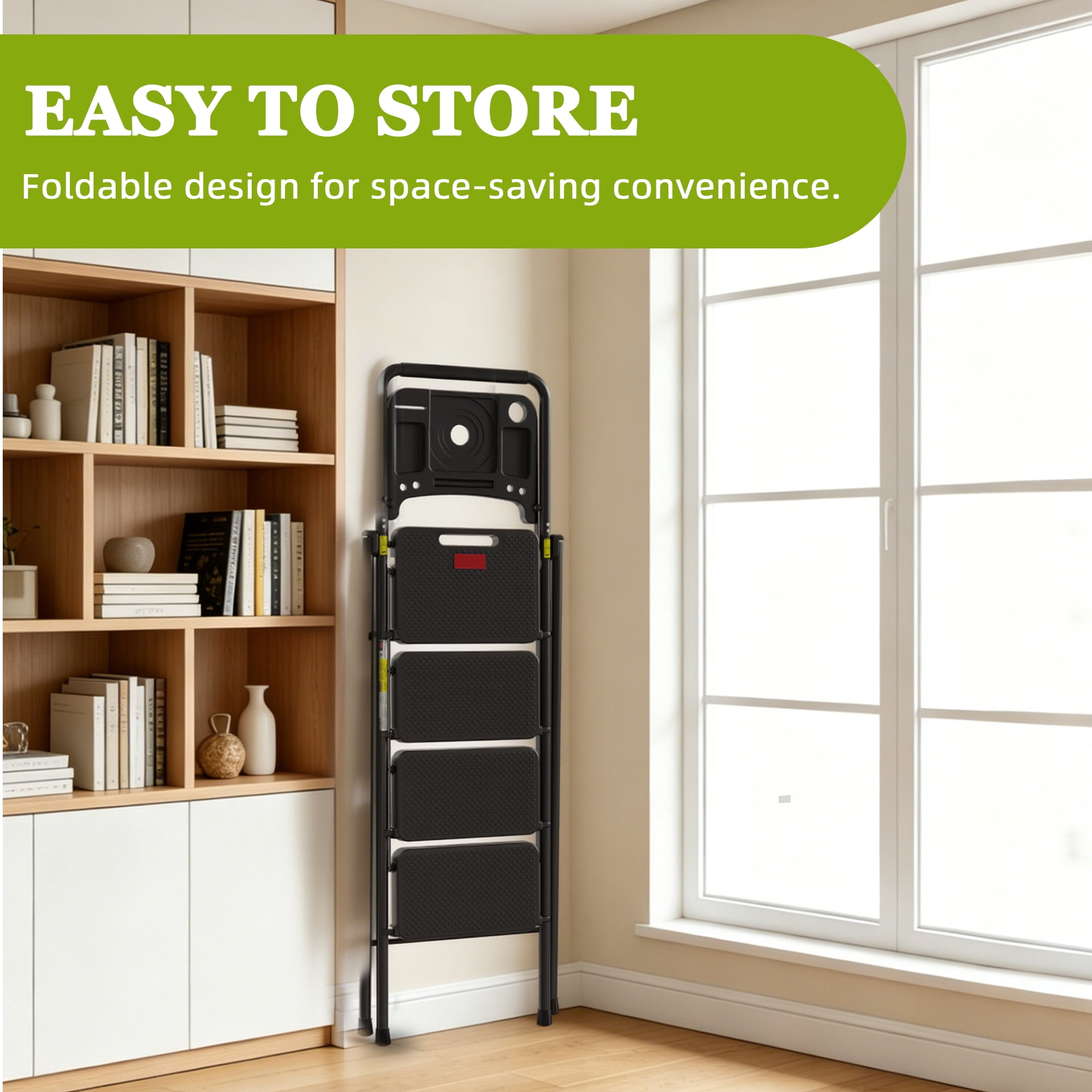 LevLad 4 Step Ladder with Tool Tray, Folding Step Stool, Wide Anti-Slip Pedal and Anti-Slip Feet, Steel Ladder for Home Improvement, Black