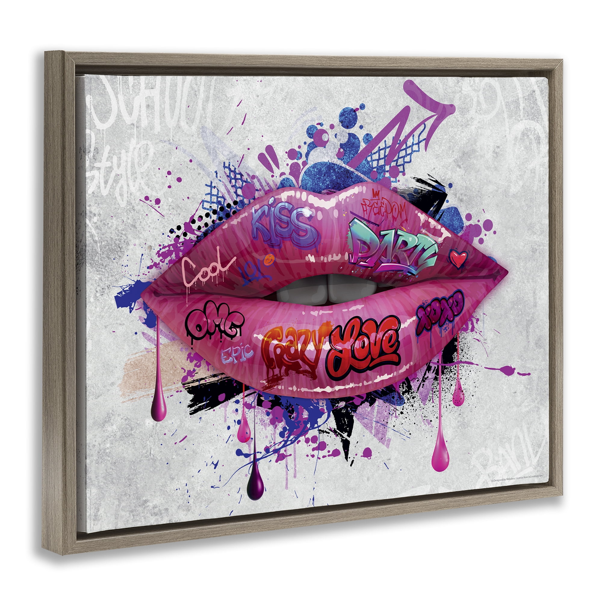 Stupell Industries Urban Graffiti Lips Abstract Painting Brown Floater Framed Canvas Art Print Wall Art, 21 x 17