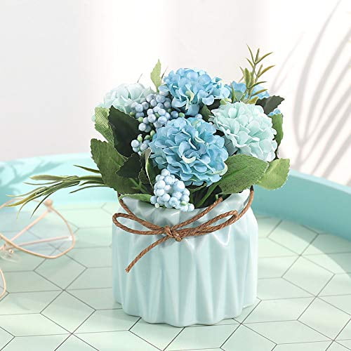 Artificial Hydrangea Flower Potted Artificial Plants Hydrangea Silk Flowers With Ceramic Geometric Planter Artificial Flower Bonsai For Living Room Desk Office Shelf Decor Blue Walmart Com Walmart Com
