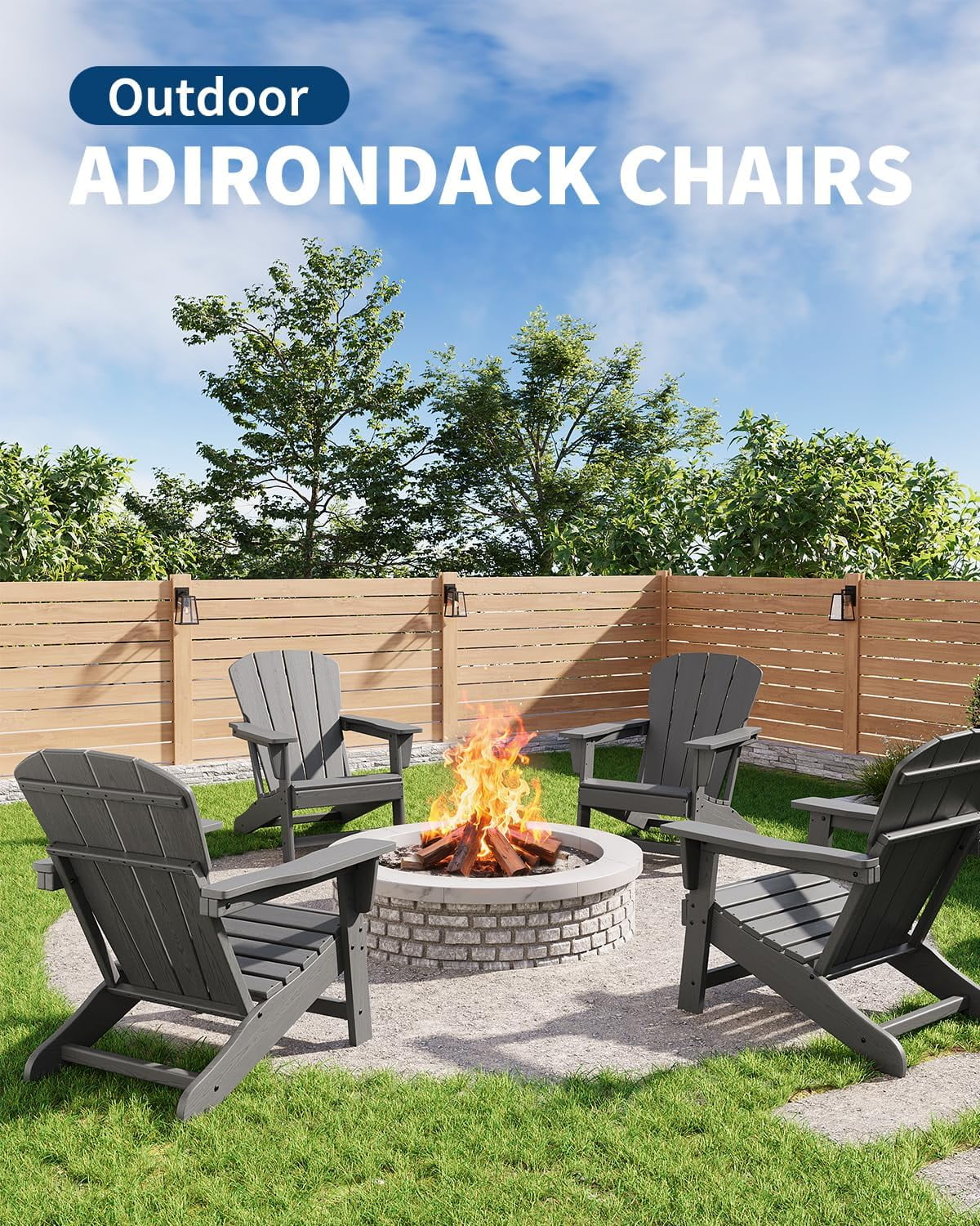 Outdoor Adirondack Chairs, HDPE Plastic Patio Chairs for All Weather, Weather-Resistant Fire Pit Chair with Wide Armrests & Slatted Back, for Patio, Deck, Lawn, Gray