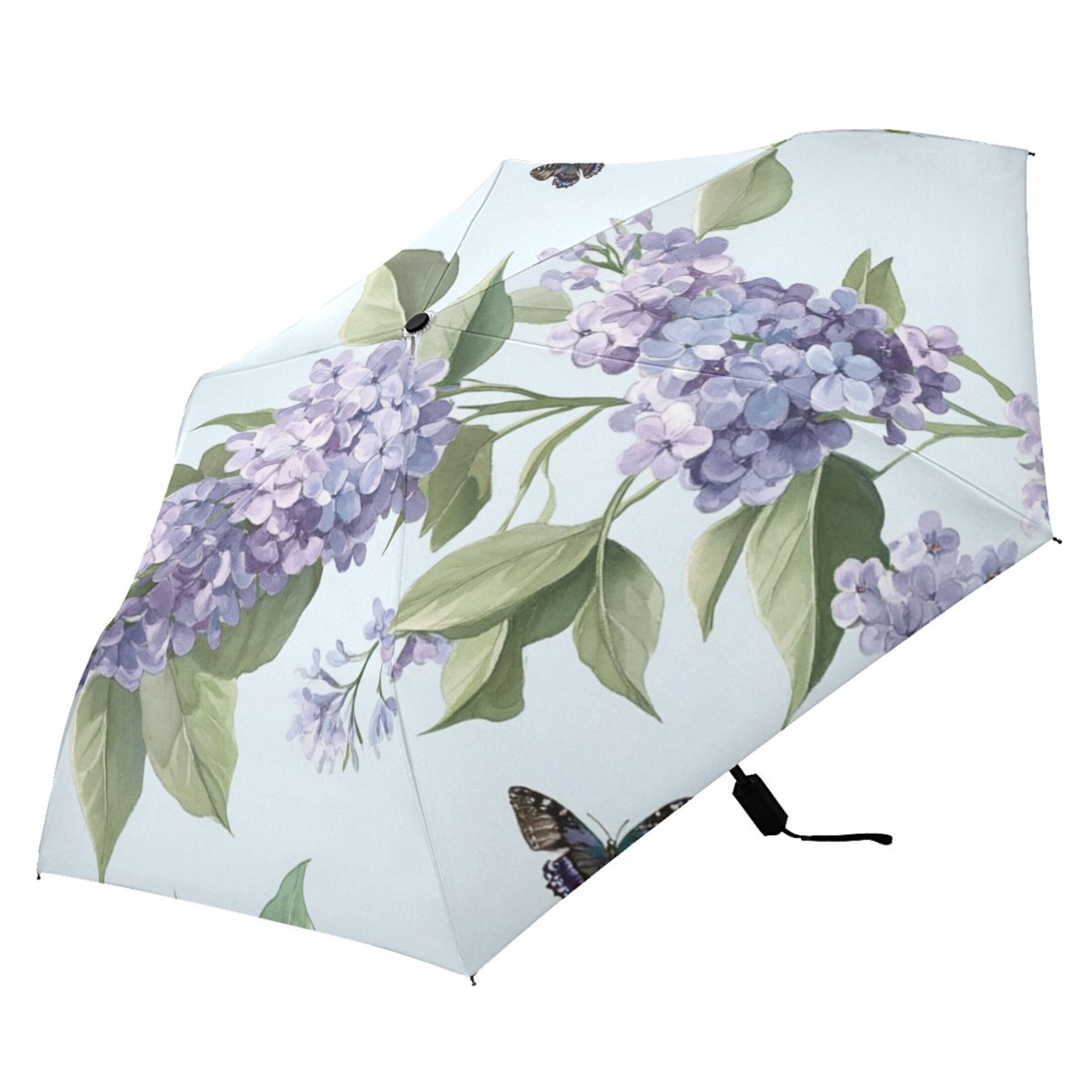 Beautiful Lilac Flowers and Butterflies All Weather Umbrella Triple Folding Parasol 6 Ribs UV Protection Portable