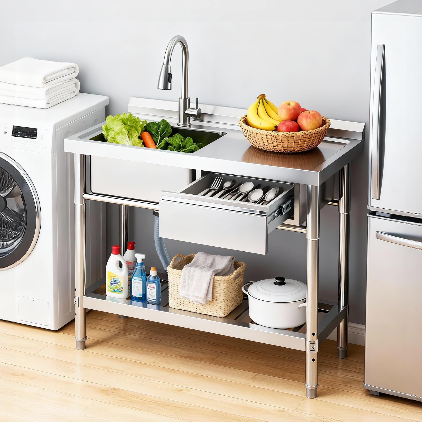 Commercial Stainless Steel Kitchen Sink Prep Counter with Pull-out Faucet, 39" Freestanding Single Bowl Utility Sink with Workbench & Drawer Storage for Laundry, Farmhouse & Outdoor Use