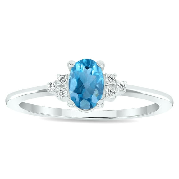 SZUL Women's Blue Topaz and Diamond Half Moon Ring in 10K White Gold