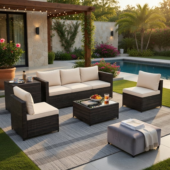 Yardi Yard 8 Piece Patio Furniture Set, Patio Conversation Set with Storage Box and Tempered Glass Coffee Table for Outdoor as Yard, Beige