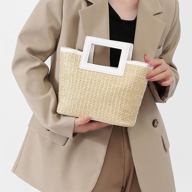 Bolso tote de paja tejido de gran capacidad | Bolso de mano con asa cuadrada tejida | Bolso multiusos para la playa, viajes, compras y uso diario