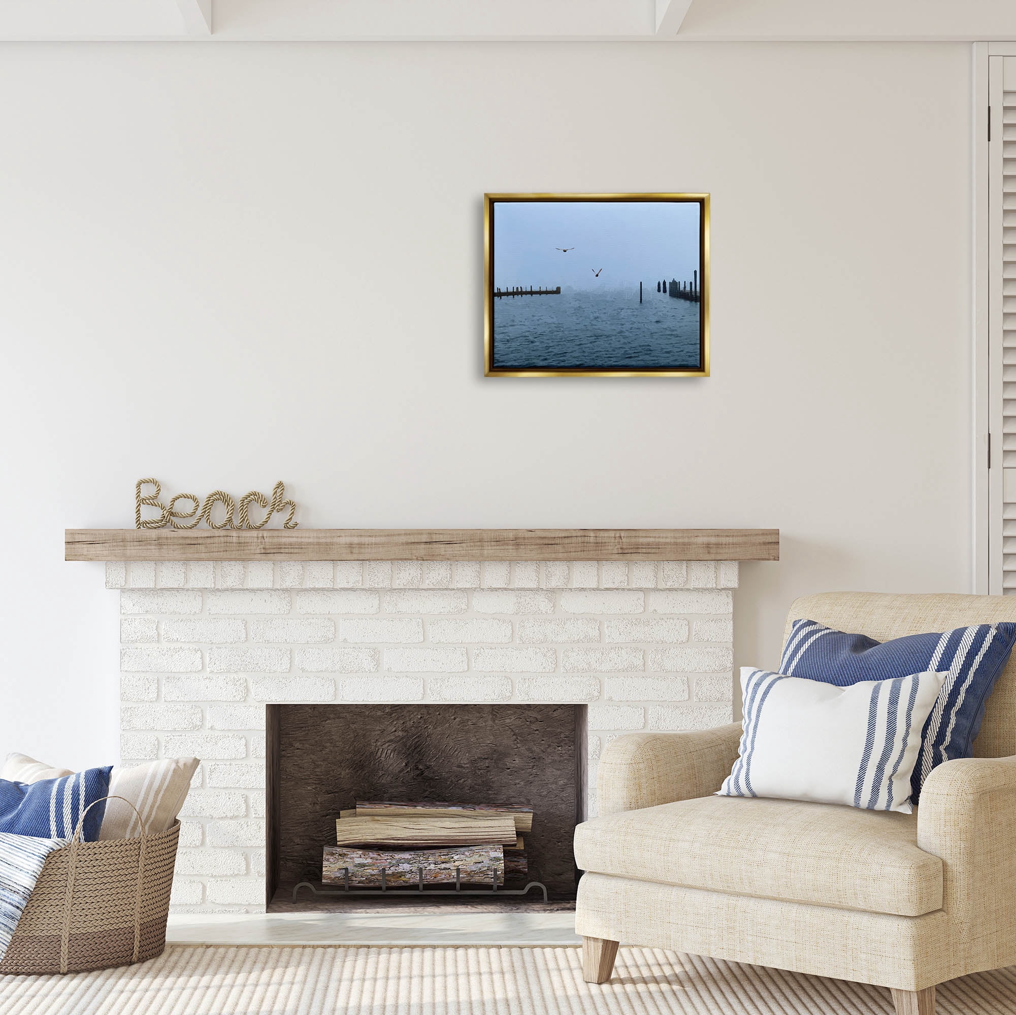 Stupell Industries Seagulls Over Ocean Dock Waters Coastal Photography Gold Floater Framed Art Print Wall Art