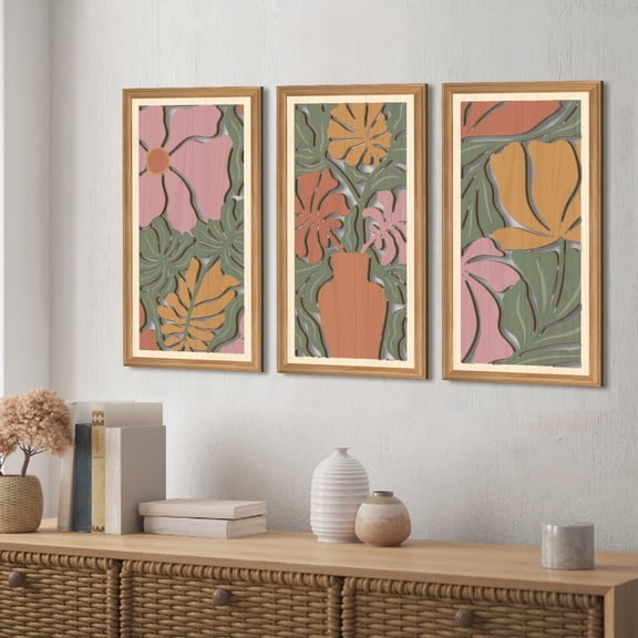 HPNIUB Boho Mid Century Flora Wall Art Unframed Flower Wooden Painting Modern Abstract Minimalist Decor Set of 3 for Living Room Bedroom Office 8x16 Inch