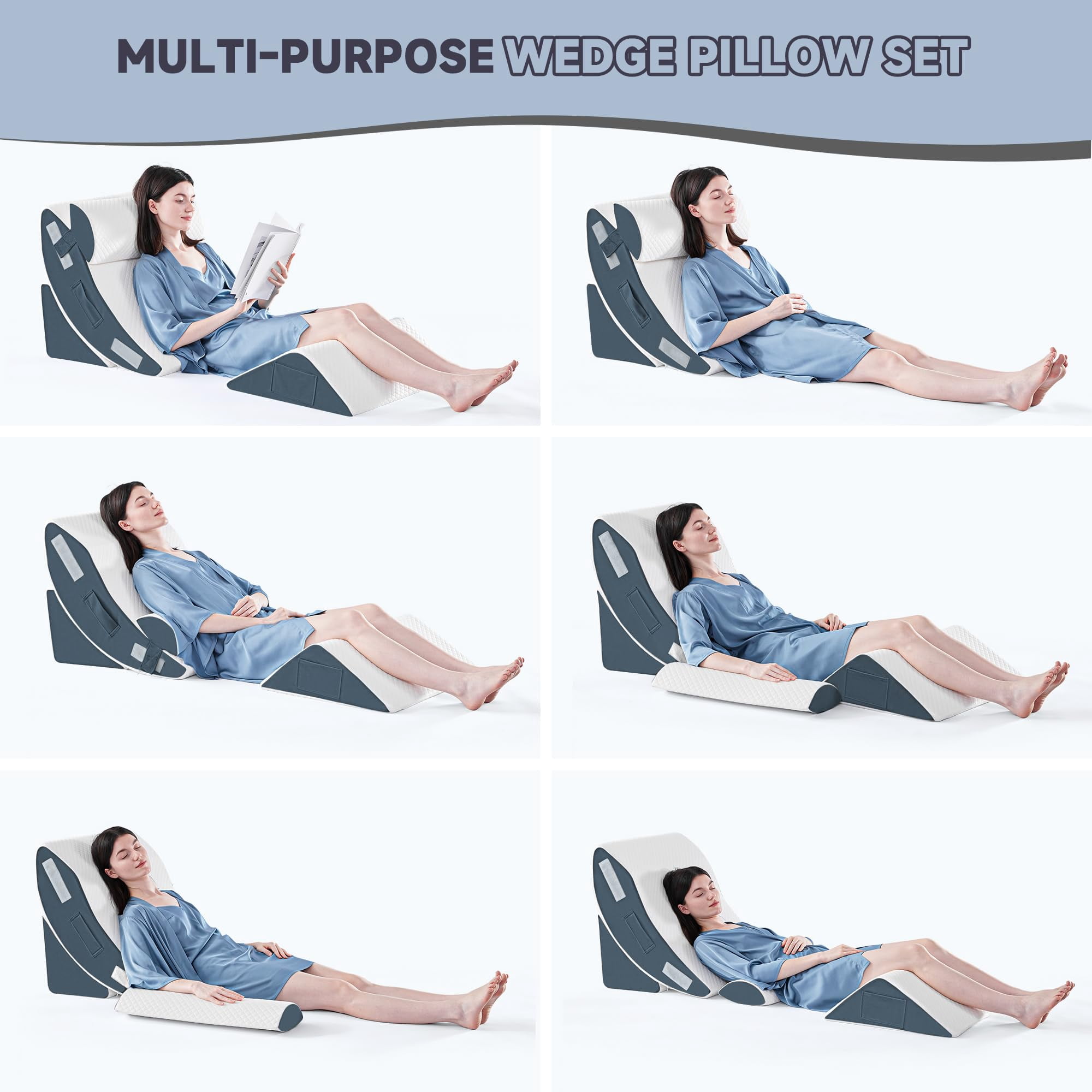 4pcs Bed Wedge Pillow Set For Sleeping  Foam Body And Leg Triangle Adjustable Support - Acid Reflux Pillows Navy