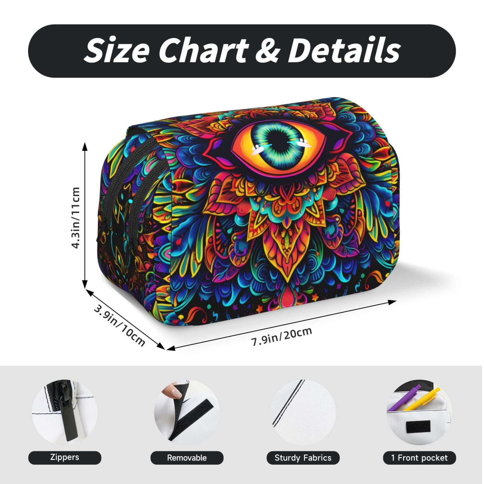Rateoe Vibrant Psychedelic Eye Pattern Double Clamshell Pen Case, Storage Organizer with Two Zipper Compartments– Holds Up to 50 Pencils & Pens