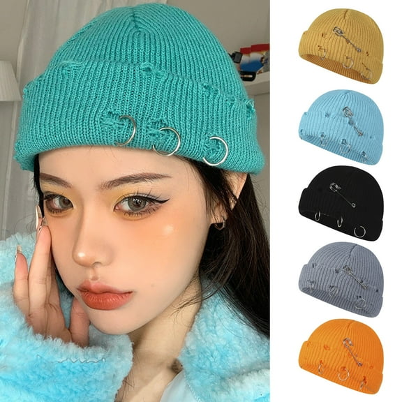 Skymirror Knitted Hat Hip Hop Ripped Flanging Metal Ring Solid Color Keep Warm Woolen Yarn Autumn Winter Women Beanie Cap for Outdoor