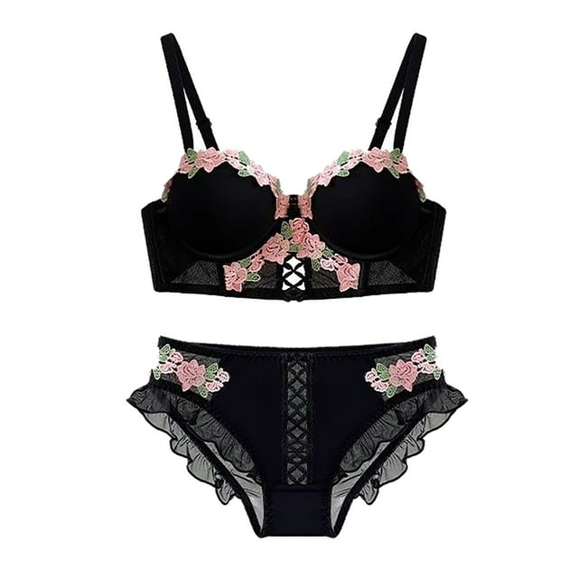 Brasier Mujer Tela de Mantequilla conjunto de Sujetador Retro Fruncido con Pecho Pequeño para Mujer, Lencería Estilo Pure Desire, conjunto de Dos Piezas con Bordado de Flores Grande
